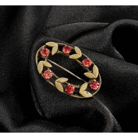 Antique Early 20th Century Oval Gold-Tone Brooch With Pink Rhinestone Floral Mot - Picture 3 of 5